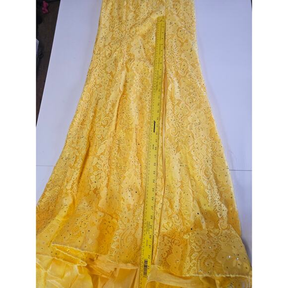 Sherri Hill Yellow Lace Ball Gown Prom Dress Long Slit Halter Neck Size 6 3973 - Picture 12 of 14